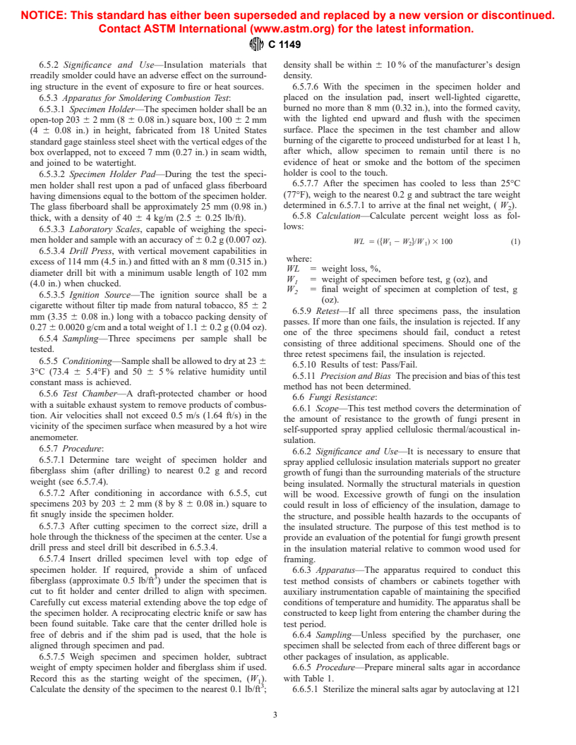 ASTM C1149-97 - Standard Specification for Self-Supported Spray Applied Cellulosic Thermal Insulation