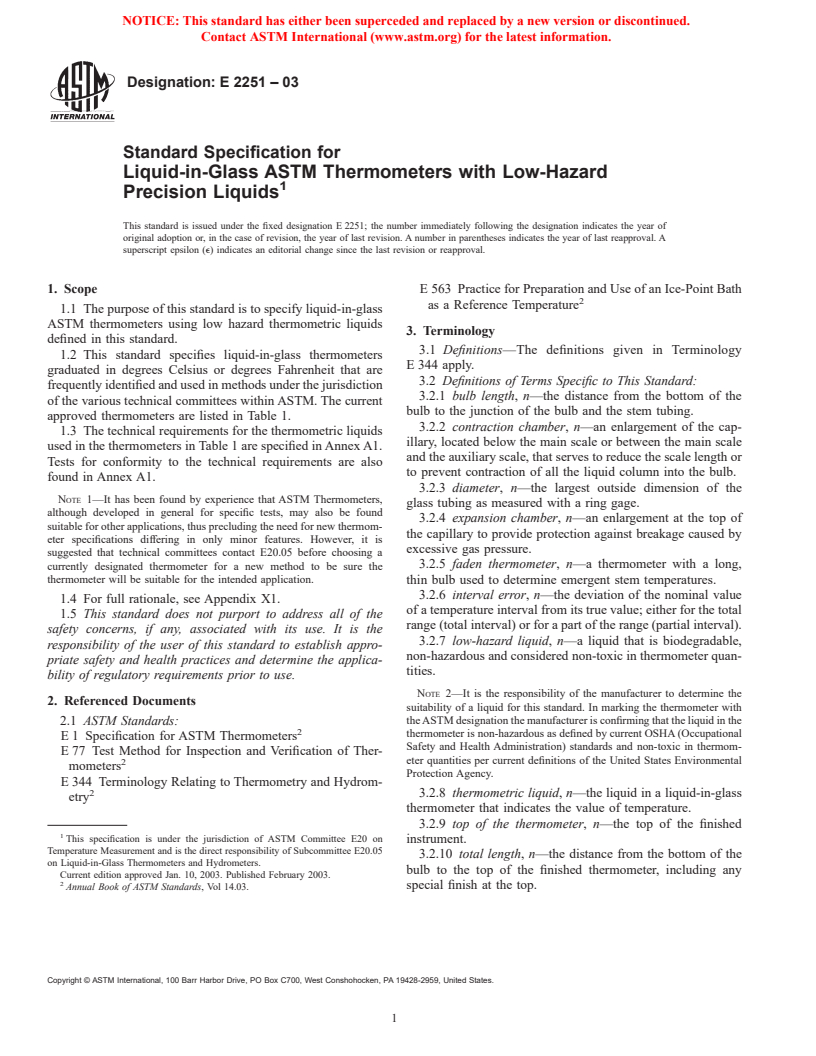 ASTM E2251-03 - Standard Specification for Liquid-in-Glass ASTM Thermometers with Low-Hazard Precision Liquids