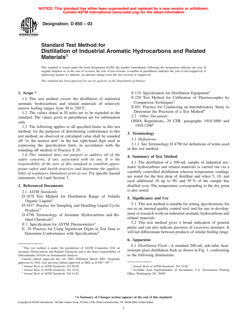 ASTM D850-03 - Standard Test Method for Distillation of Industrial Aromatic Hydrocarbons and Related Materials