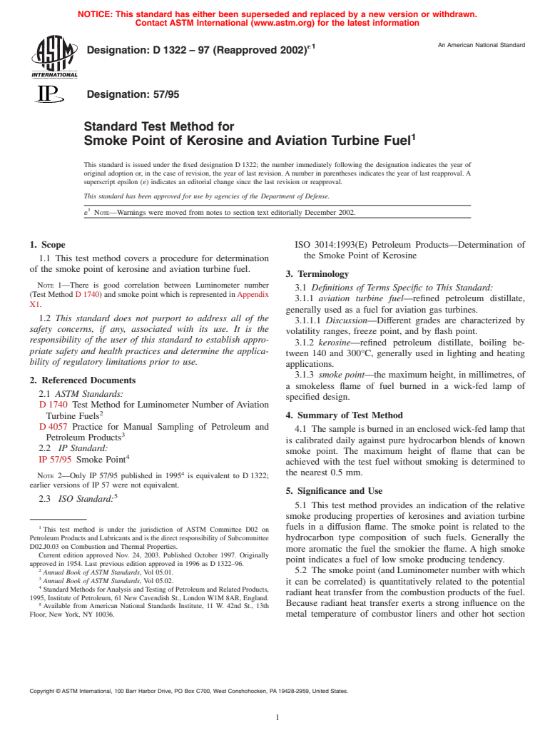 ASTM D1322-97(2002)e1 - Standard Test Method for Smoke Point of Kerosine and Aviation Turbine Fuel