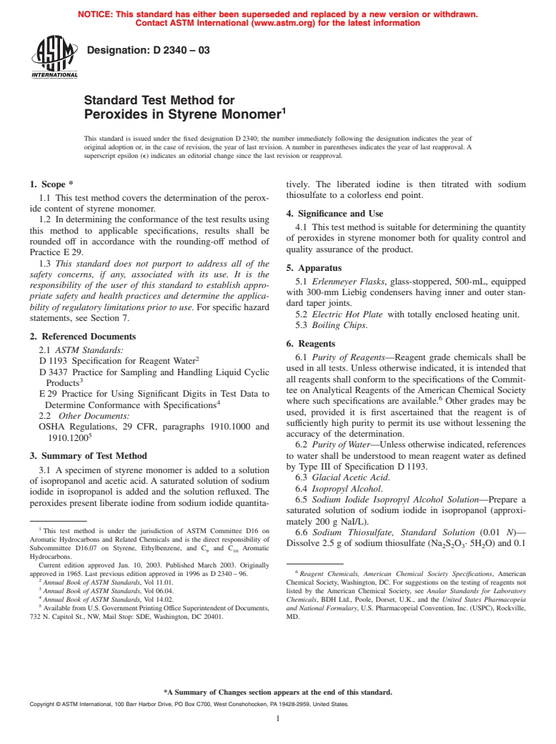 ASTM D2340-03 - Standard Test Method for Peroxides in Styrene Monomer