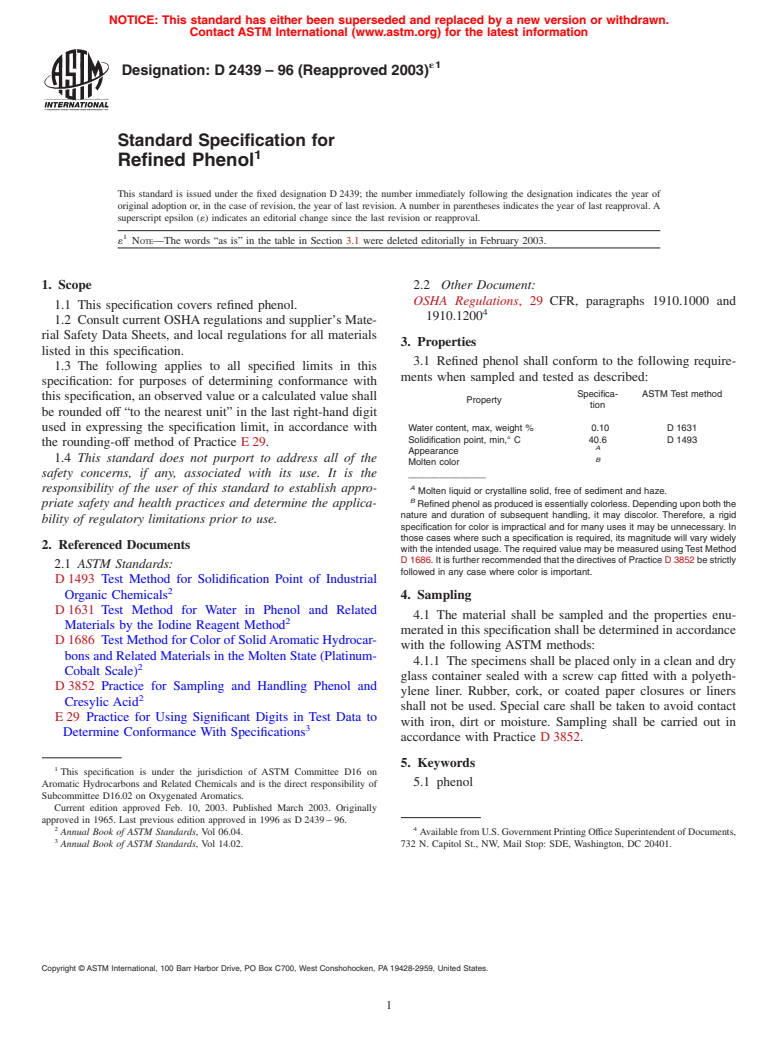 ASTM D2439-96(2003)e1 - Standard Specification for Refined Phenol