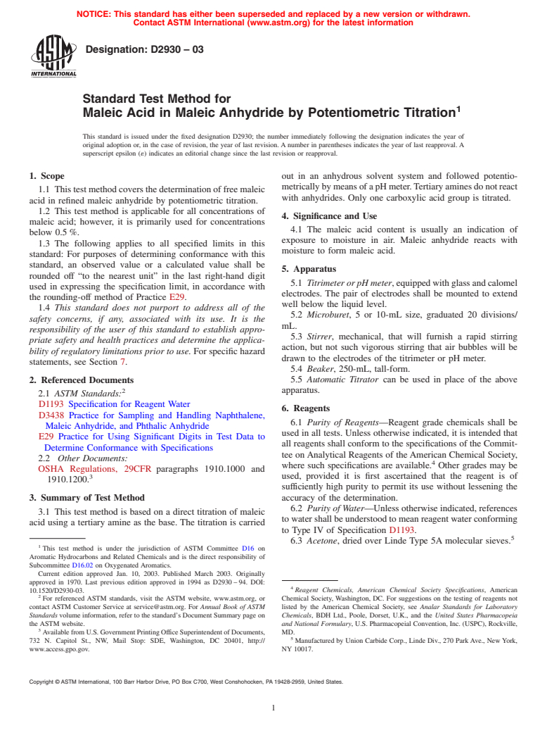 ASTM D2930-03 - Standard Test Method for Maleic Acid in Maleic Anhydride by Potentiometric Titration (Withdrawn 2012)