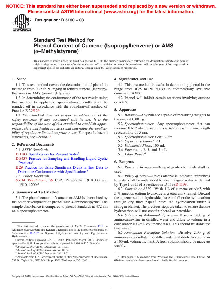 ASTM D3160-03 - Standard Test Method for Phenol Content of Cumene (Isopropylbenzene) or AMS (alpha-Methylstyrene)