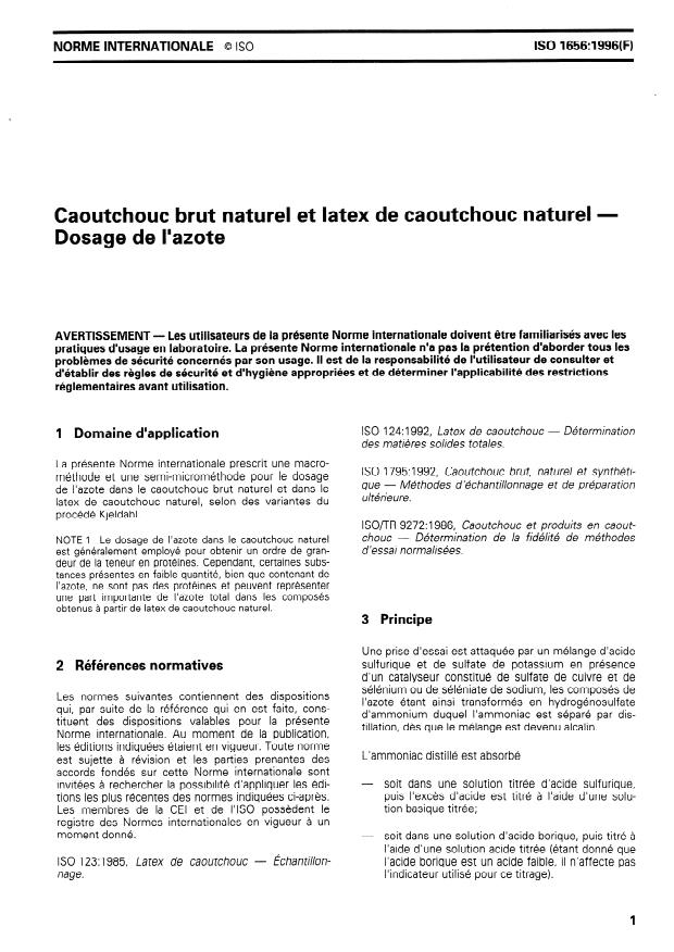ISO 1656:1996 - Caoutchouc brut naturel et latex de caoutchouc naturel -- Dosage de l'azote