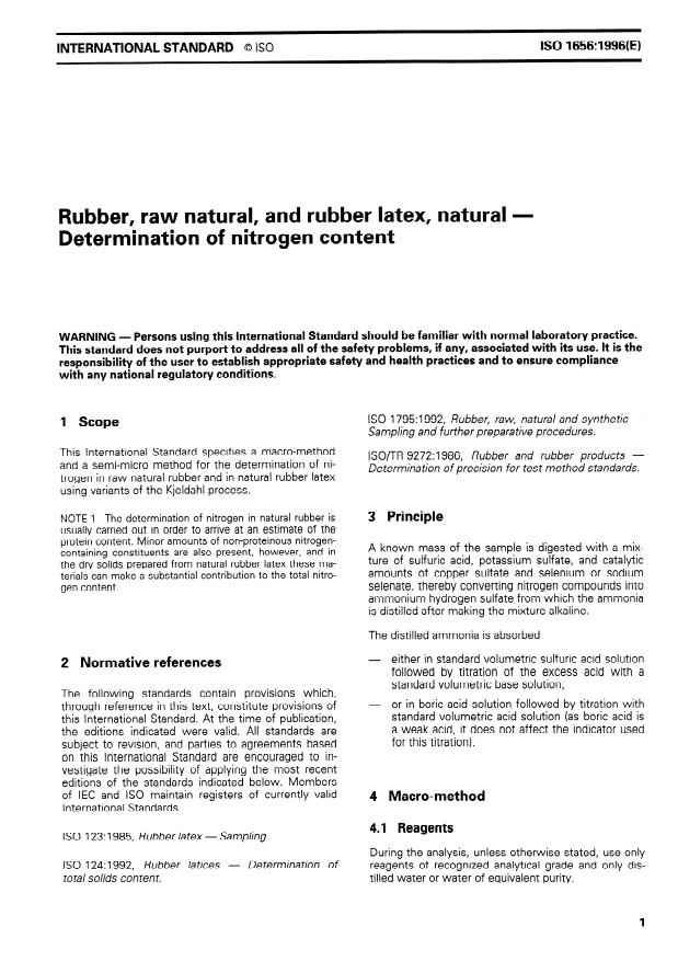 ISO 1656:1996 - Rubber, raw natural, and rubber latex, natural -- Determination of nitrogen content