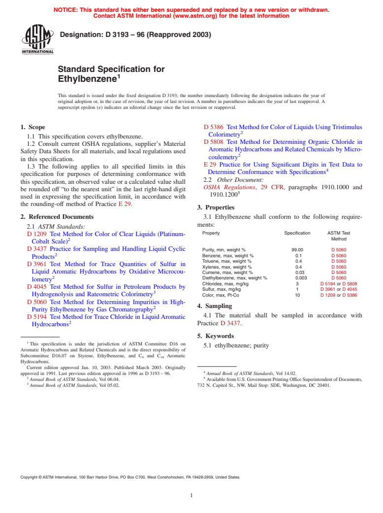 ASTM D3193-96(2003) - Standard Specification for Ethylbenzene