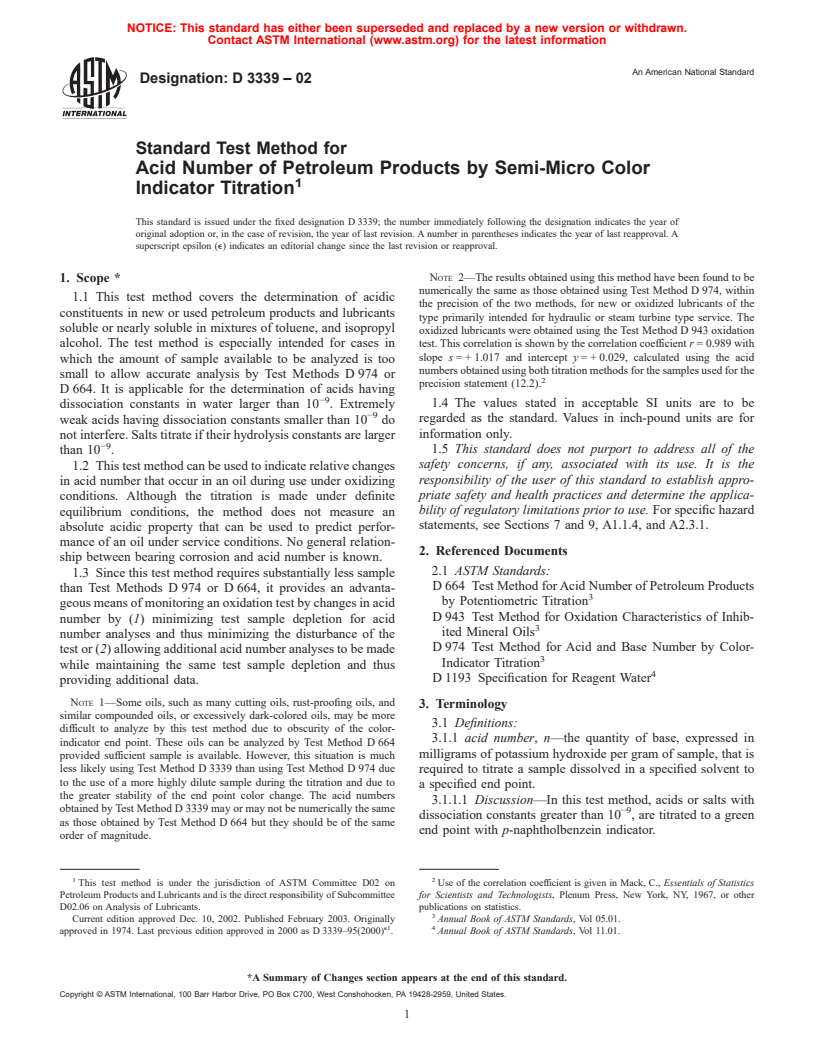 ASTM D3339-02 - Standard Test Method for Acid Number of Petroleum Products by Semi-Micro Color Indicator Titration