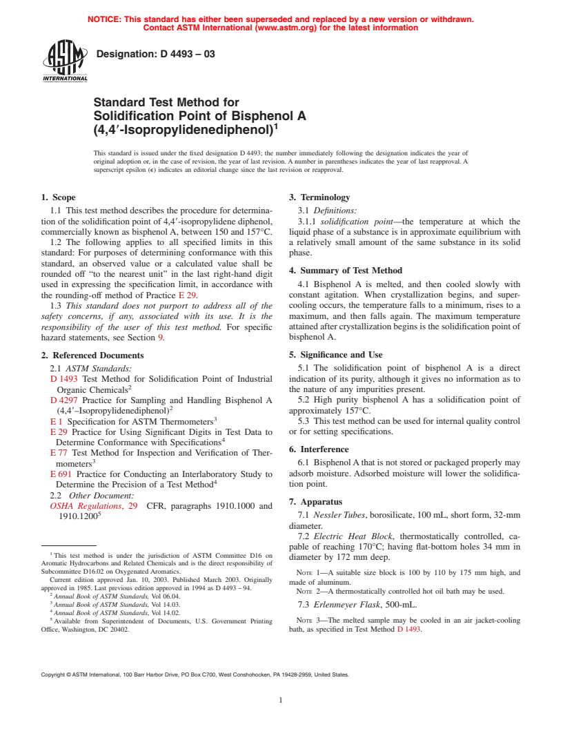 ASTM D4493-03 - Standard Test Method for Solidification Point of Bisphenol A (4,4&#180-Isopropylidenediphenol)