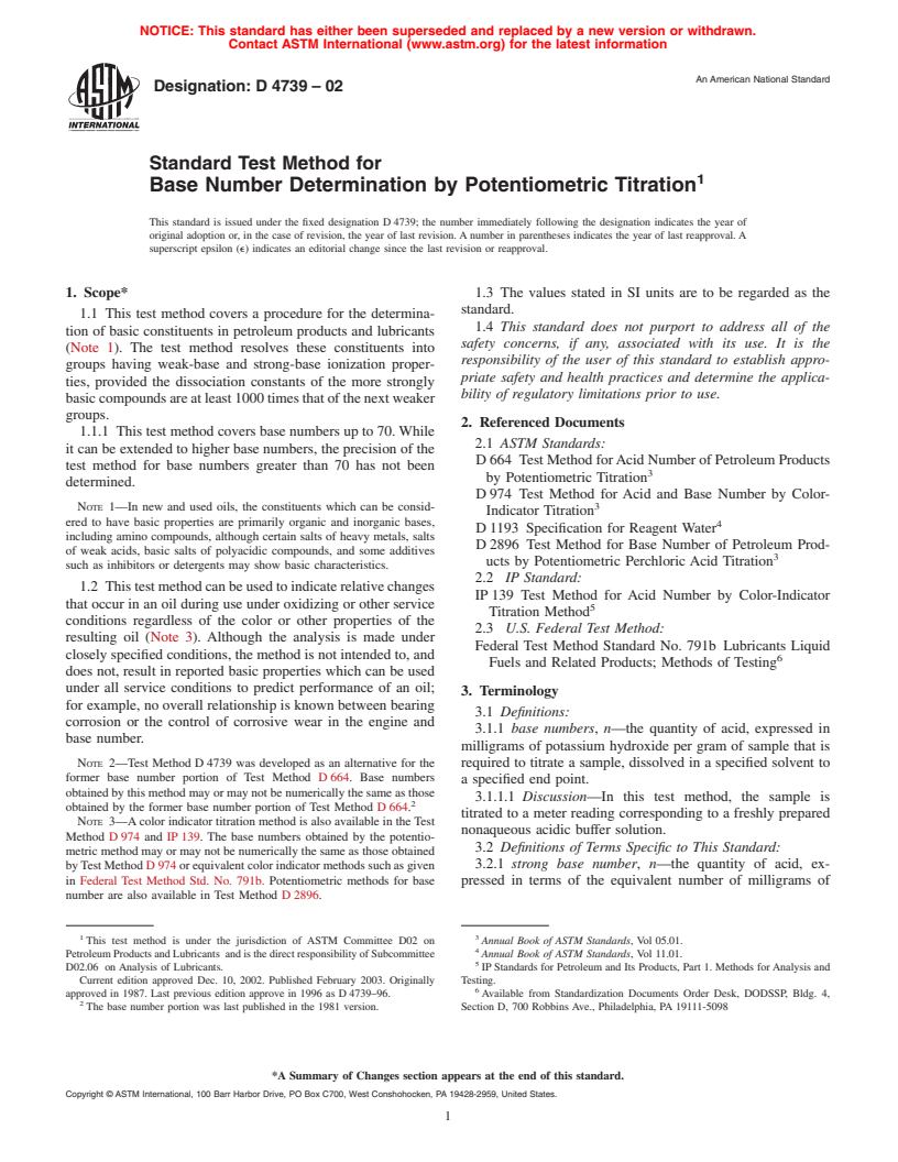 ASTM D4739-02 - Standard Test Method for Base Number Determination by Potentiometric Titration