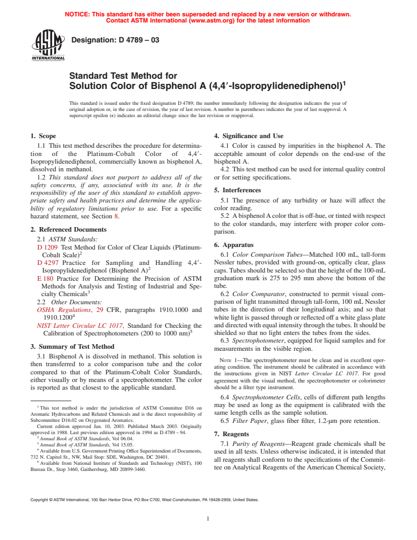 ASTM D4789-03 - Standard Test Method for Solution Color of Bisphenol A (4,4&#180-Isopropylidenediphenol)