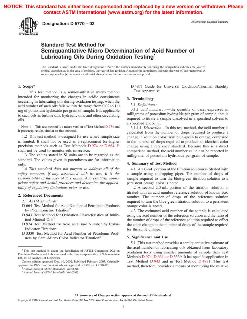 ASTM D5770-02 - Standard Test Method for Semiquantitative Micro Determination of Acid Number of  Lubricating Oils During Oxidation Testing