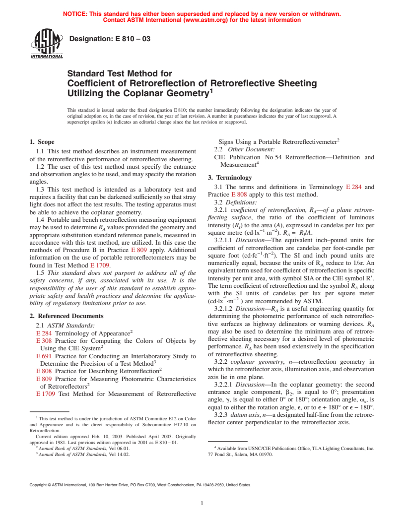 ASTM E810-03 - Standard Test Method for Coefficient of Retroreflection of Retroreflective Sheeting Utilizing the Coplanar Geometry