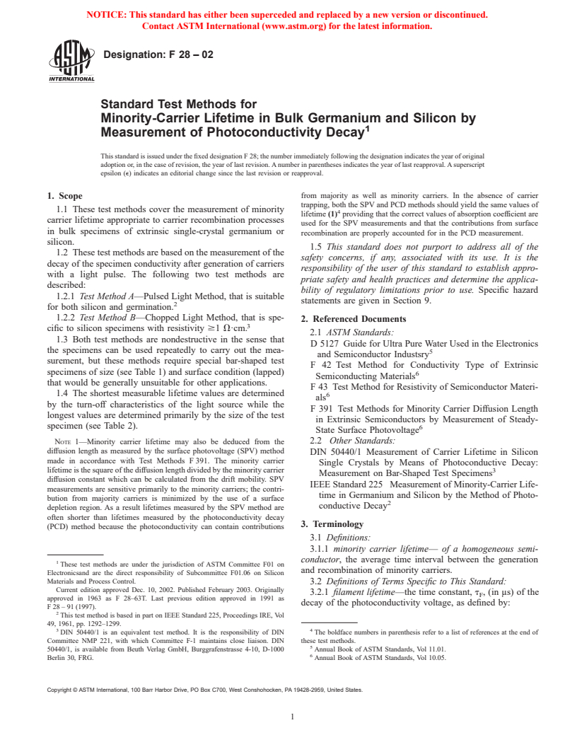 ASTM F28-02 - Standard Test Methods for Minority-Carrier Lifetime in Bulk Germanium and Silicon by Measurement of Photoconductivity Decay (Withdrawn 2003)