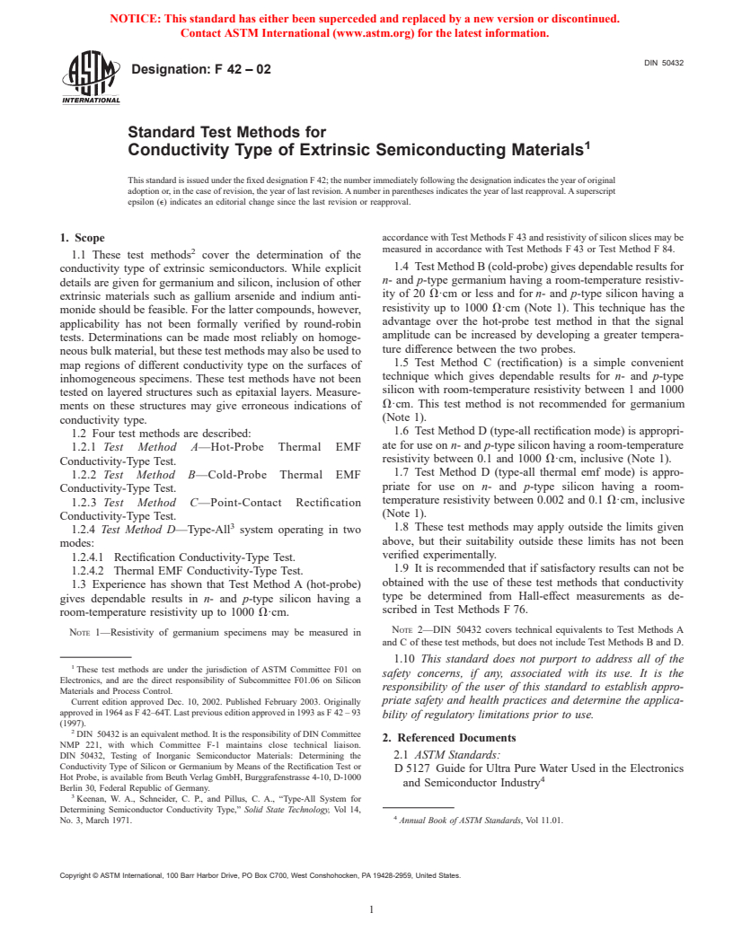 ASTM F42-02 - Standard Test Methods for Conductivity Type of Extrinsic Semiconducting Materials (Withdrawn 2003)