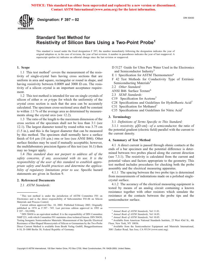 ASTM F397-02 - Standard Test Method for Resistivity of Silicon Bars Using a Two-Point Probe (Withdrawn 2003)