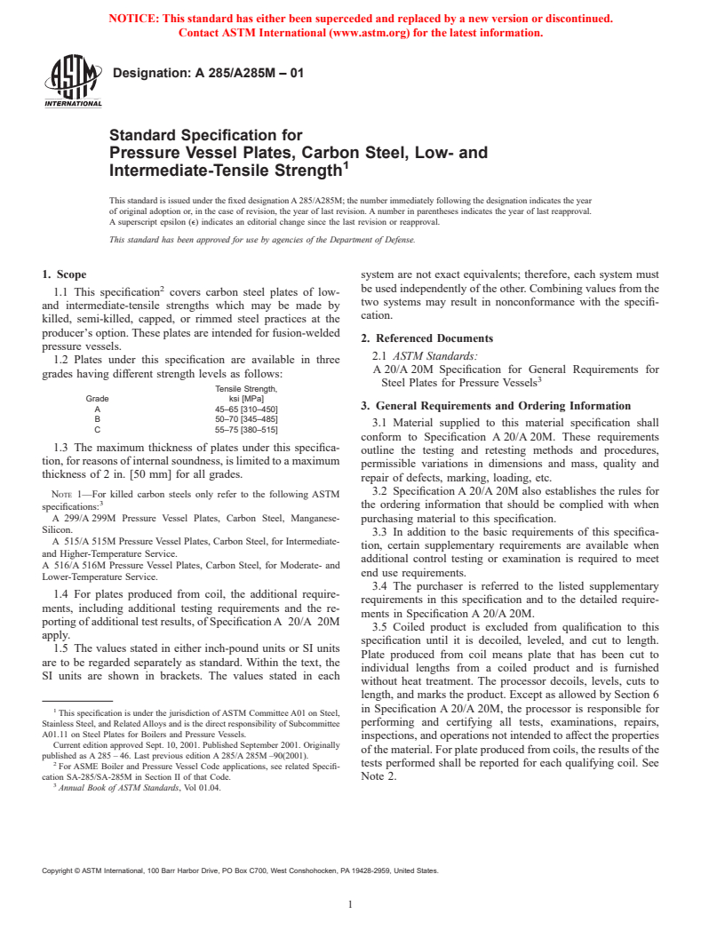 ASTM A285/A285M-01 - Standard Specification for Pressure Vessel Plates, Carbon Steel, Low- and Intermediate-Tensile Strength