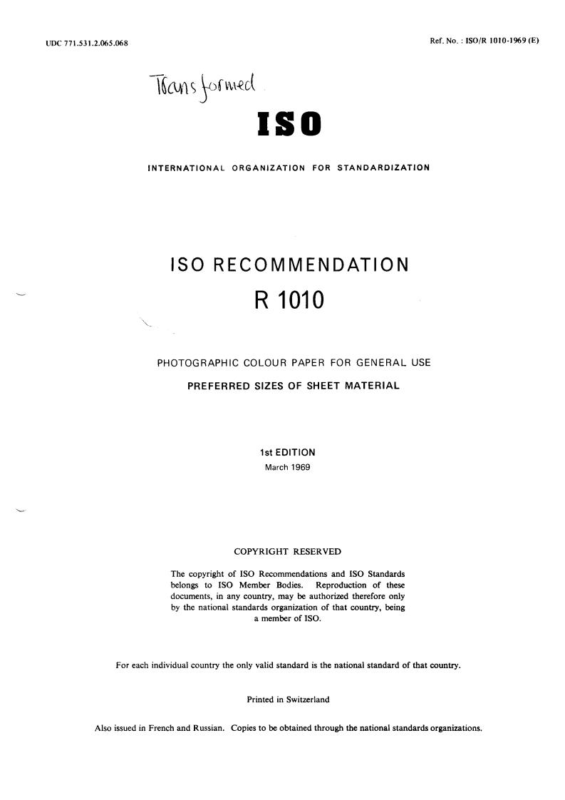 ISO/R 1010:1969 ISO/R 1010:1969 - Title missing - Legacy paper document
Released:1/1/1969