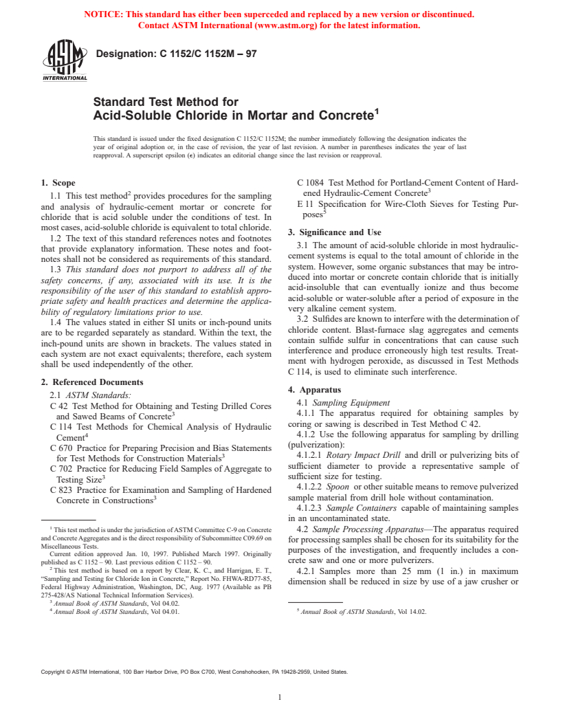 ASTM C1152/C1152M-97 - Standard Test Method for Acid-Soluble Chloride in Mortar and Concrete