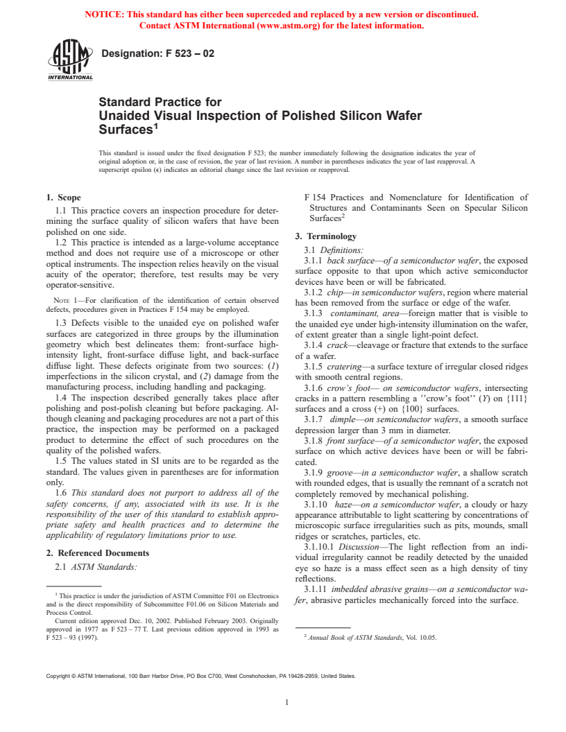 ASTM F523-02 - Standard Practice for Unaided Visual Inspection of Polished Silicon Wafer Surfaces (Withdrawn 2003)