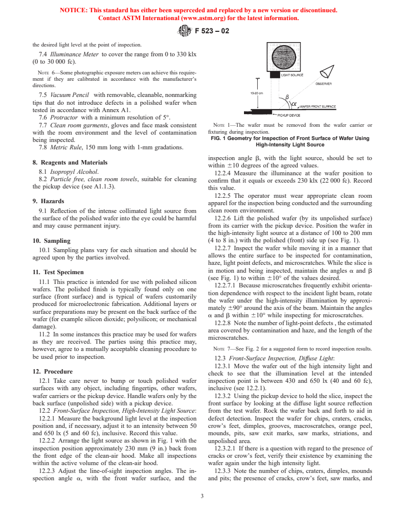 ASTM F523-02 - Standard Practice for Unaided Visual Inspection of Polished Silicon Wafer Surfaces (Withdrawn 2003)