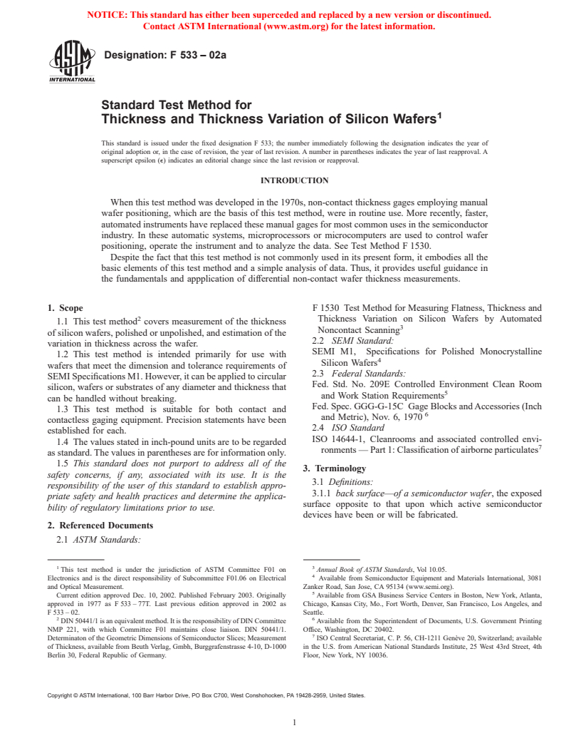 ASTM F533-02a - Standard Test Method for Thickness and Thickness Variation of Silicon Wafers (Withdrawn 2003)