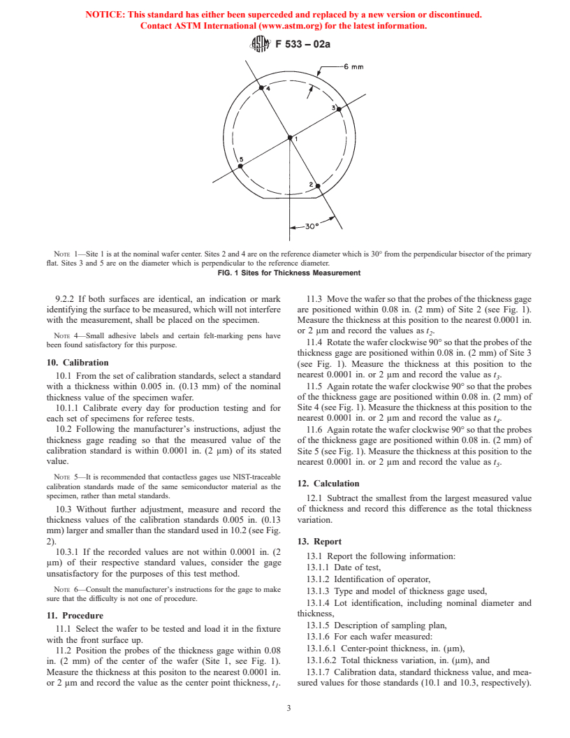 ASTM F533-02a - Standard Test Method for Thickness and Thickness Variation of Silicon Wafers (Withdrawn 2003)