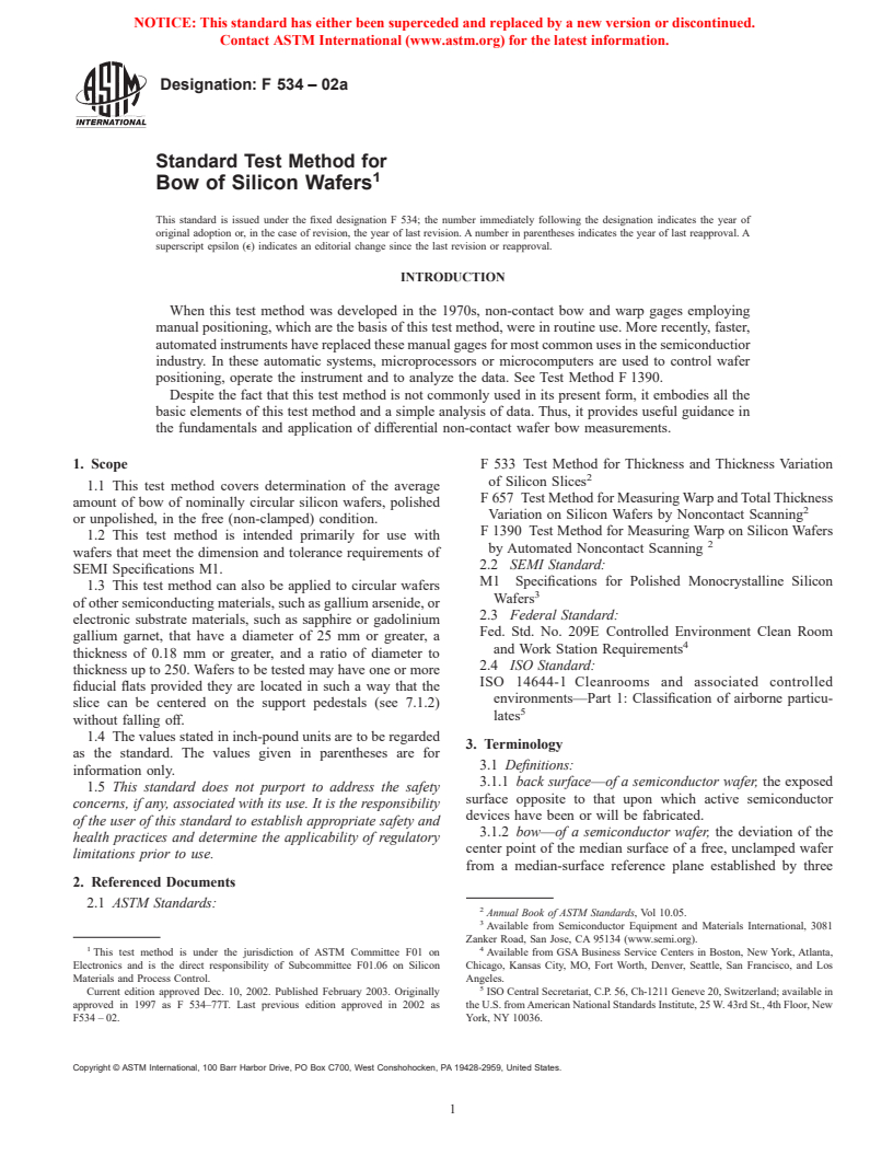 ASTM F534-02a - Standard Test Method for Bow of Silicon Wafers (Withdrawn 2003)