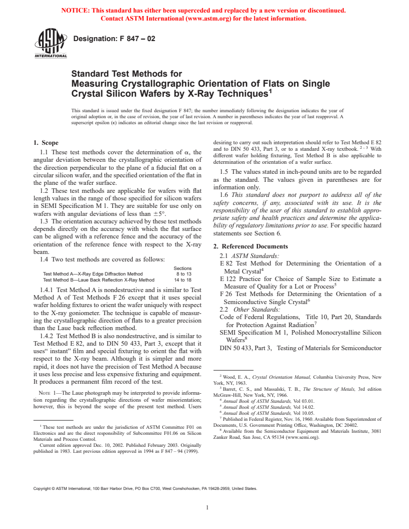 ASTM F847-02 - Standard Test Methods for Measuring Crystallographic Orientation of Flats on Single Crystal Silicon Wafers by X-Ray Techniques (Withdrawn 2003)