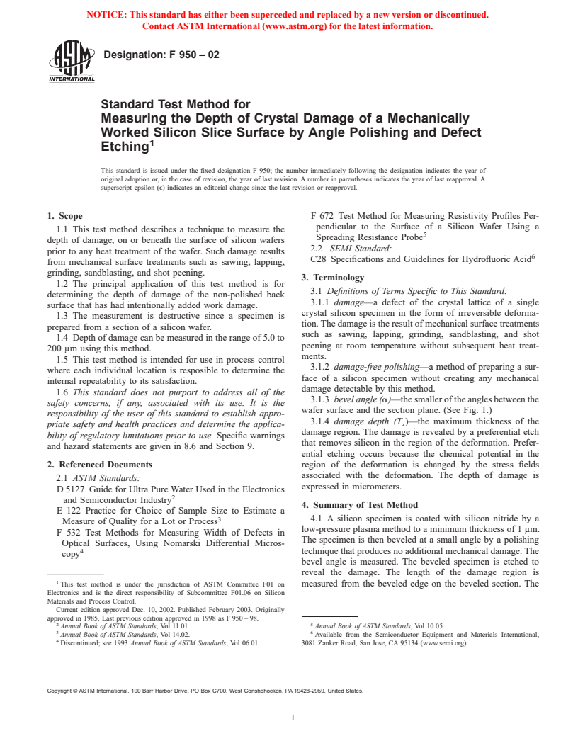 ASTM F950-02 - Standard Test Method for Measuring the Depth of Crystal Damage of a Mechanically Worked Silicon Slice Surface by Angle Polishing and Defect Etching (Withdrawn 2003)