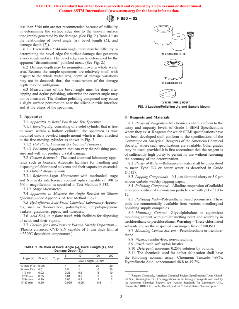 ASTM F950-02 - Standard Test Method for Measuring the Depth of Crystal Damage of a Mechanically Worked Silicon Slice Surface by Angle Polishing and Defect Etching (Withdrawn 2003)