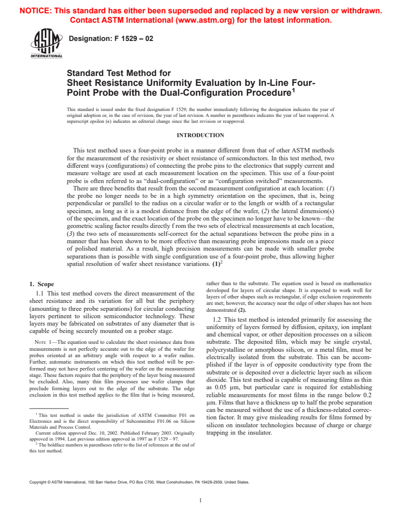 ASTM F1529-02 - Standard Test Method for Sheet Resistance Uniformity Evaluation by In-Line Four-Point Probe with the Dual-Configuration Procedure