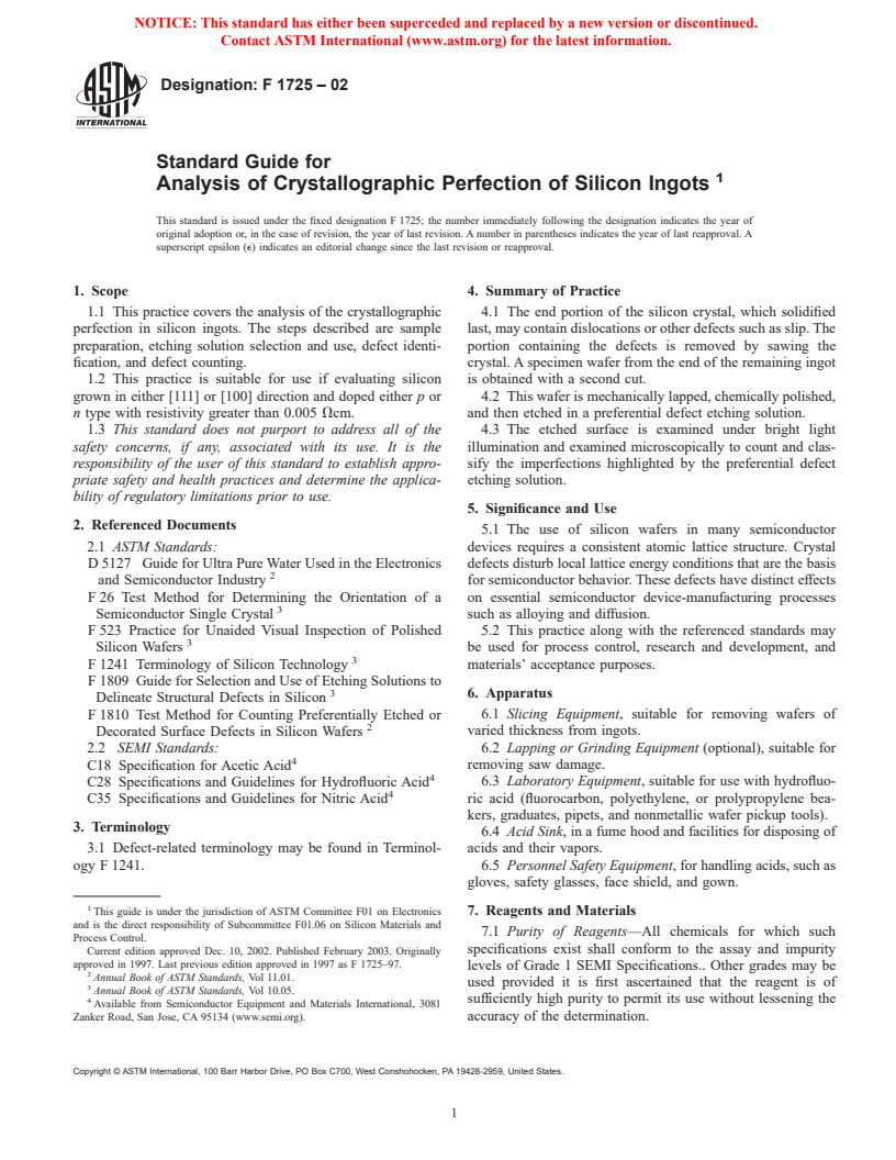 ASTM F1725-02 - Standard Guide for Analysis of Crystallographic Perfection of Silicon Ingots (Withdrawn 2003)