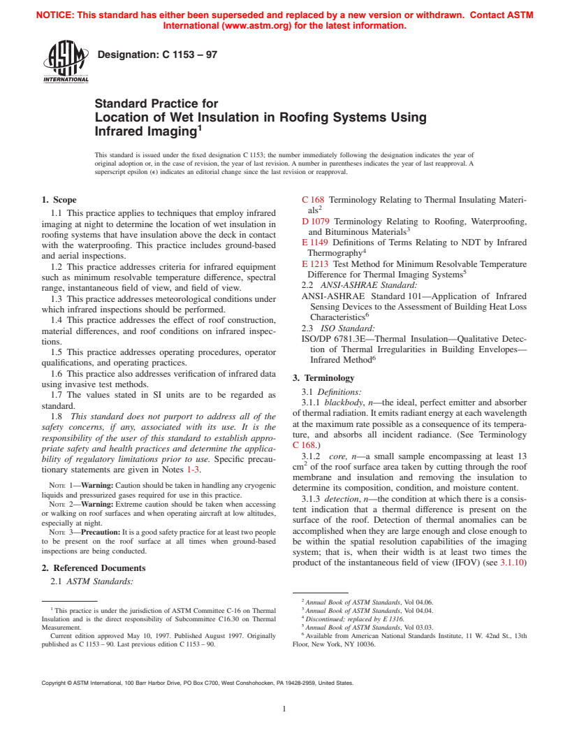 ASTM C1153-97 - Standard Practice for Location of Wet Insulation in Roofing Systems Using Infrared Imaging