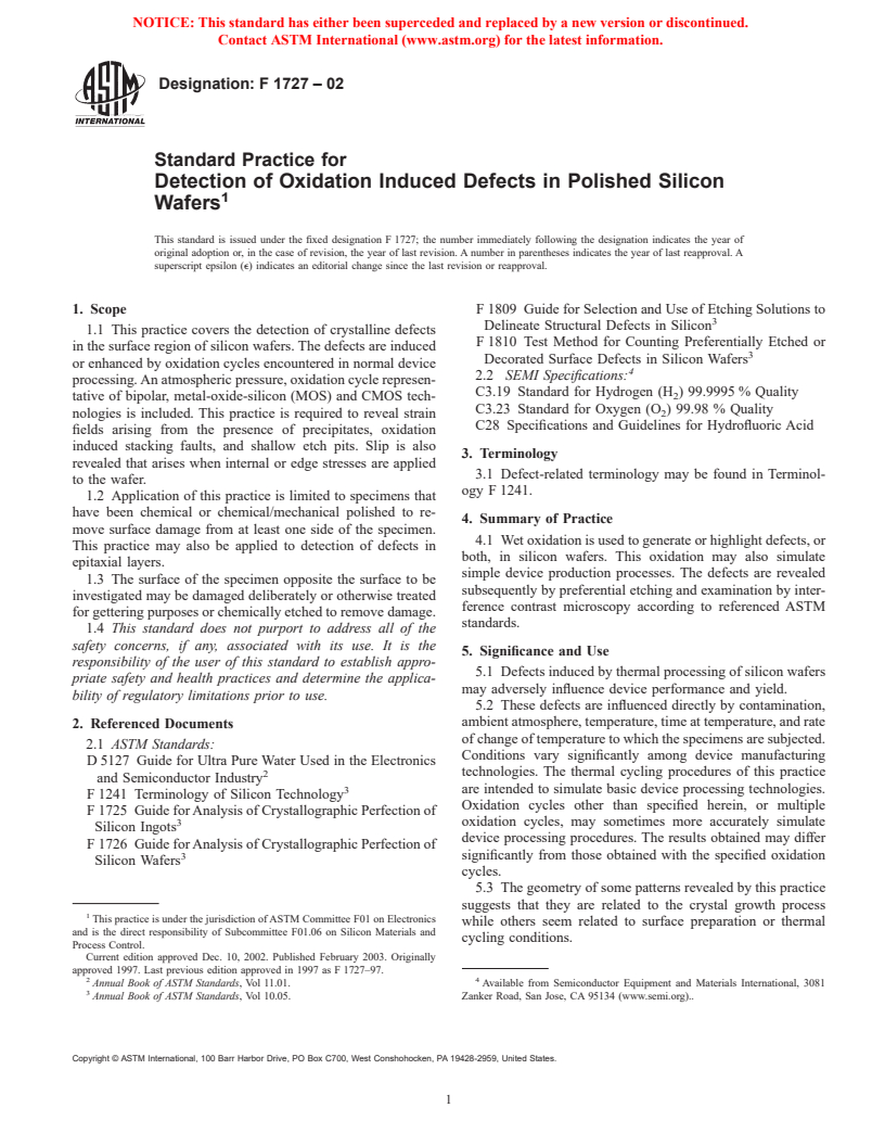 ASTM F1727-02 - Standard Practice for Detection of Oxidation Induced Defects in Polished Silicon Wafers (Withdrawn 2003)