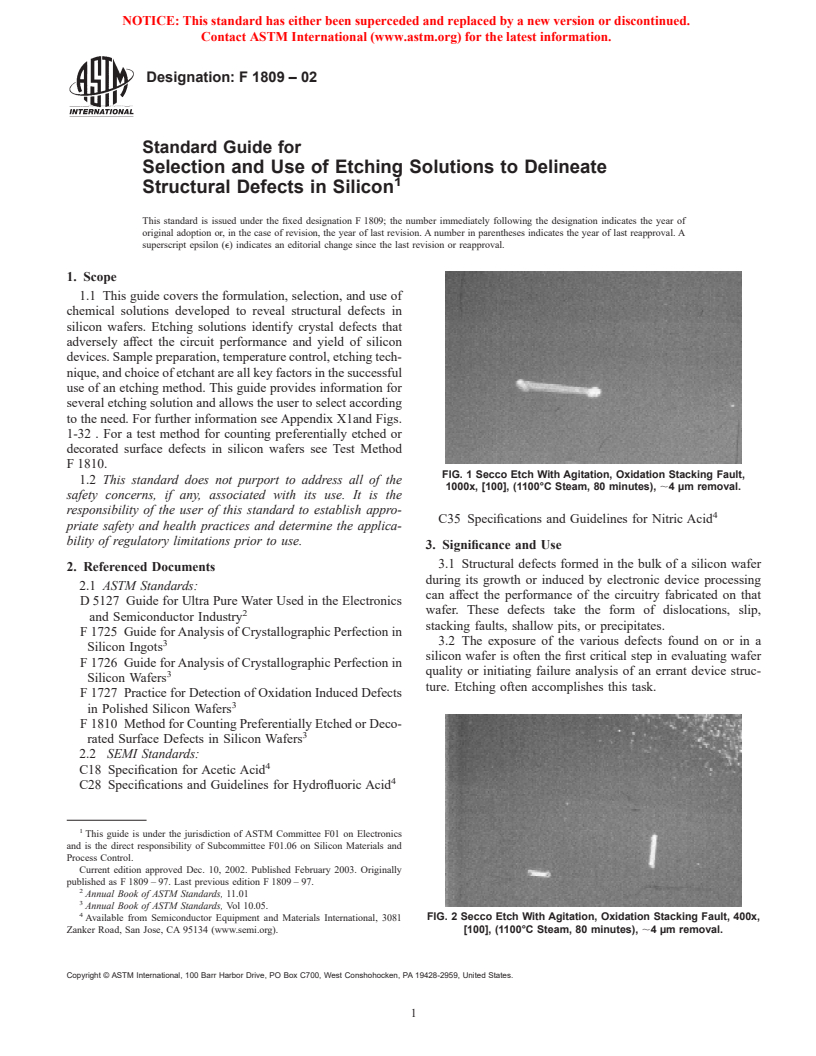 ASTM F1809-02 - Standard Guide for Selection and Use of Etching Solutions to Delineate Structural Defects in Silicon (Withdrawn 2003)