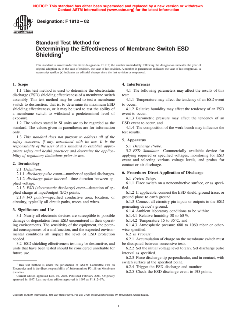 ASTM F1812-02 - Standard Test Method for Determining the Effectiveness of Membrane Switch ESD Shielding