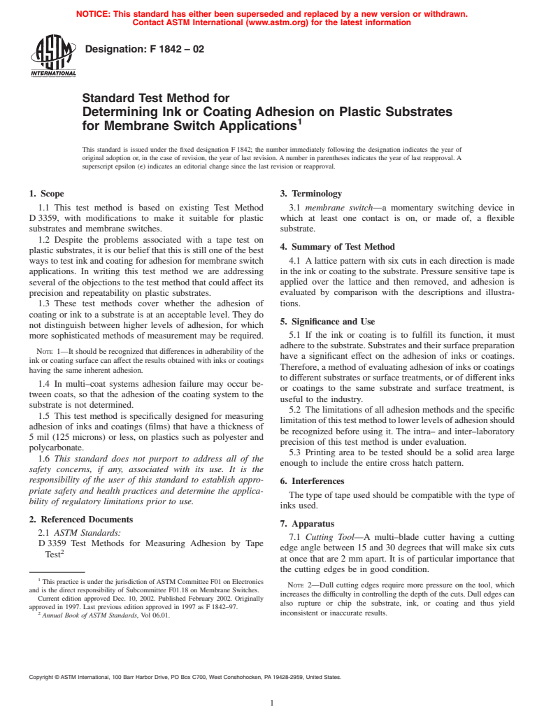 ASTM F1842-02 - Standard Test Method for Determining Ink or Coating Adhesion on Plastic Substrates for Membrane Switch Applications