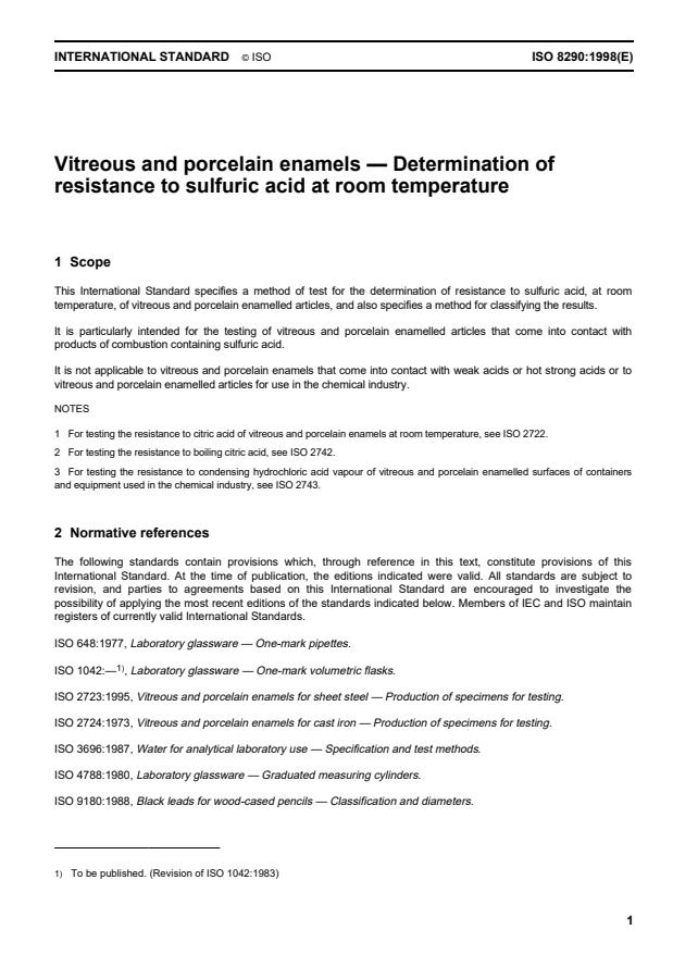 ISO 8290:1998 - Vitreous and porcelain enamels -- Determination of resistance to sulfuric acid at room temperature