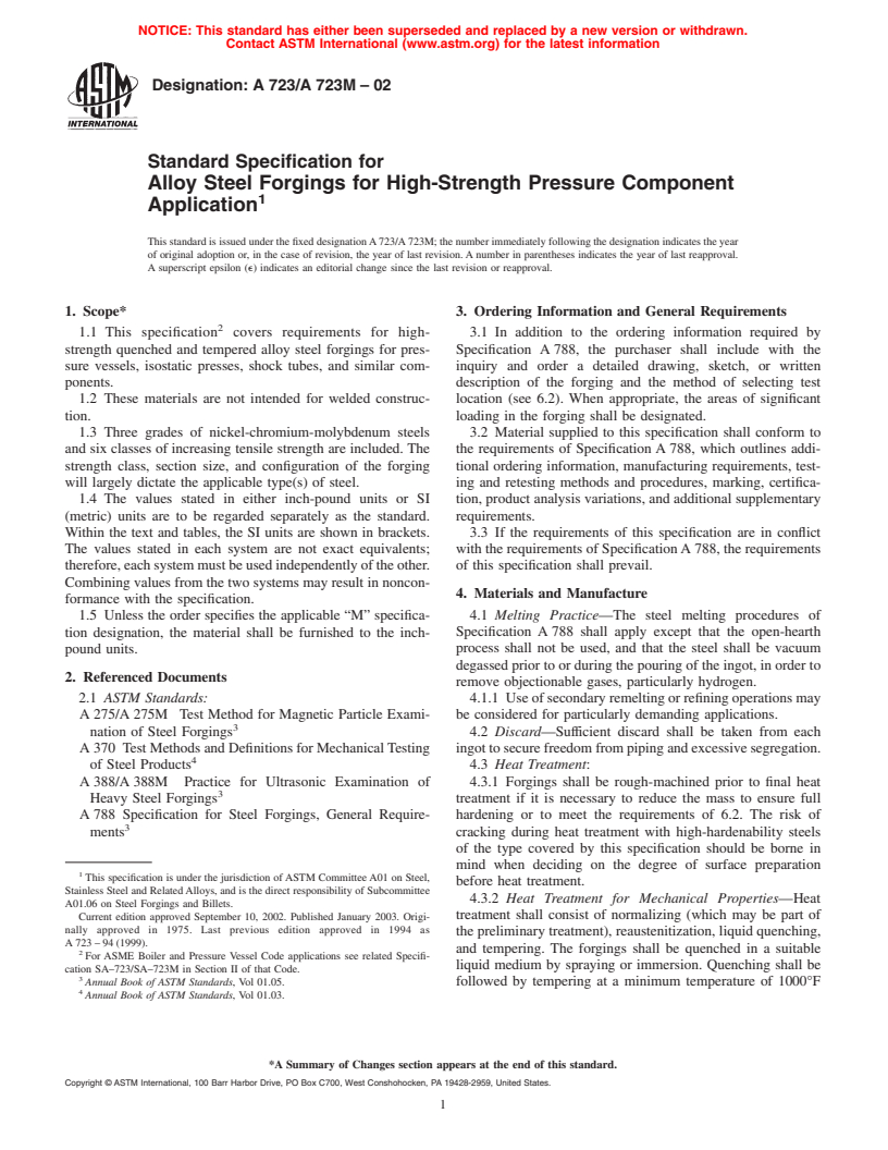 ASTM A723/A723M-02 - Standard Specification for Alloy Steel Forgings for High-Strength Pressure Component Application