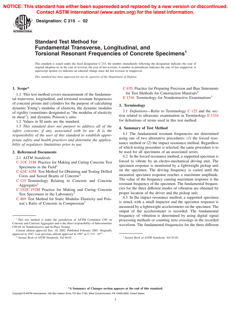 ASTM C215-02 - Standard Test Method for Fundamental Transverse, Longitudinal, and Torsional Frequencies of Concrete Specimens