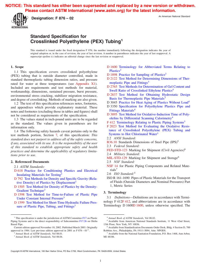 ASTM F876-02 - Standard Specification for Crosslinked Polyethylene (PEX) Tubing