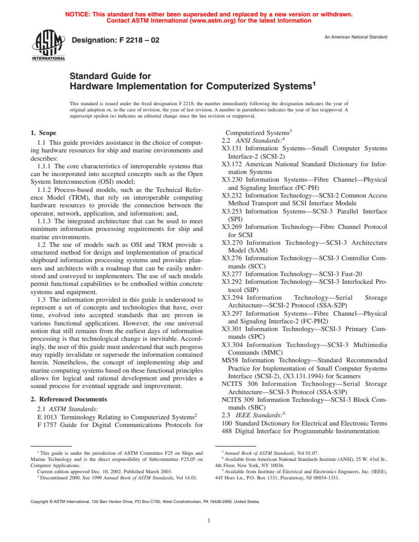 ASTM F2218-02 - Standard Guide for Hardware Implementation for Computerized Systems