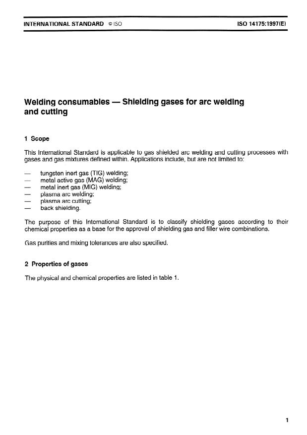ISO 14175:1997 - Welding consumables -- Shielding gases for arc welding and cutting