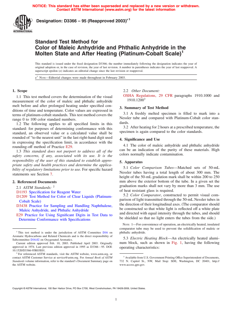 ASTM D3366-95(2003)e1 - Standard Test Method for Color of Maleic Anhydride and Phthalic Anhydride in the Molten State and After Heating (Platinum-Cobalt Scale) (Withdrawn 2012)