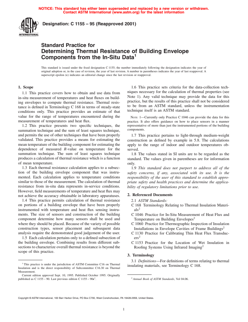 ASTM C1155-95(2001) - Standard Practice for Determining Thermal Resistance of Building Envelope Components from the In-Situ Data