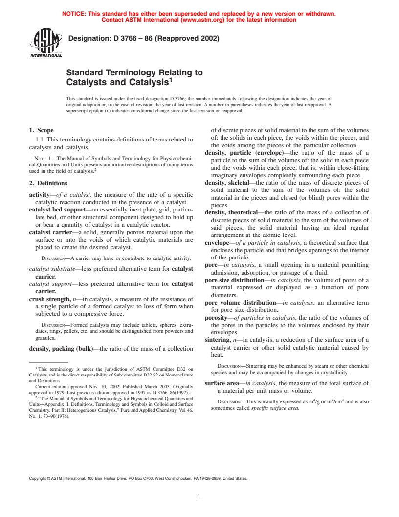 ASTM D3766-86(2002) - Standard Terminology Relating to Catalysts and Catalysis