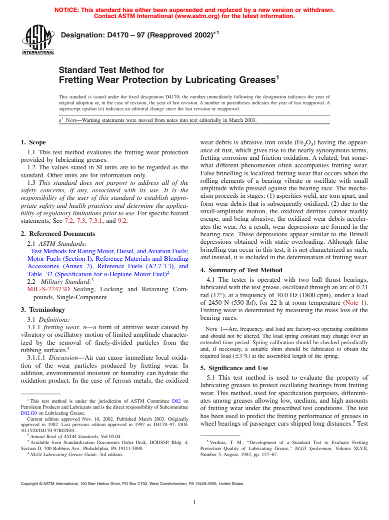 ASTM D4170-97(2002)e1 - Standard Test Method for Fretting Wear Protection by Lubricating Greases