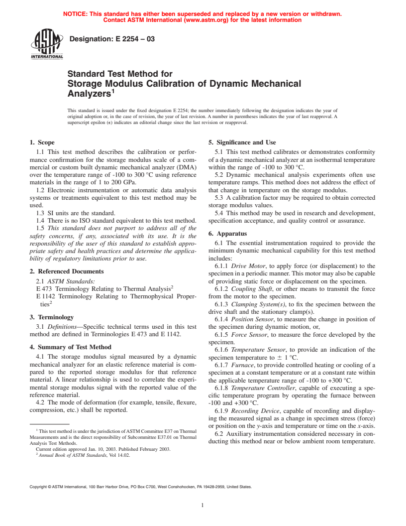 ASTM E2254-03 - Standard Test Method for Storage Modulus Calibration of Dynamic Mechanical Analyzers