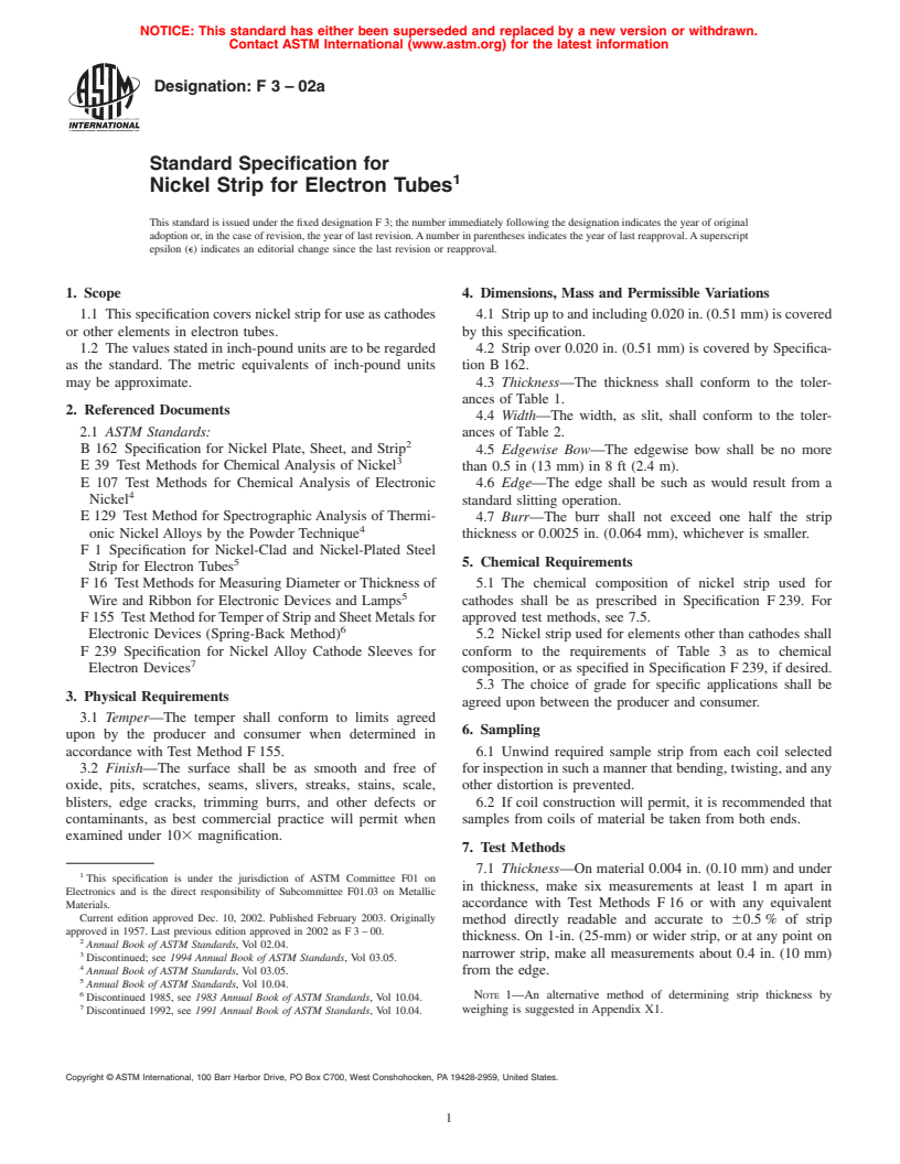 ASTM F3-02a - Standard Specification for Nickel Strip for Electron Tubes (Withdrawn 2008)